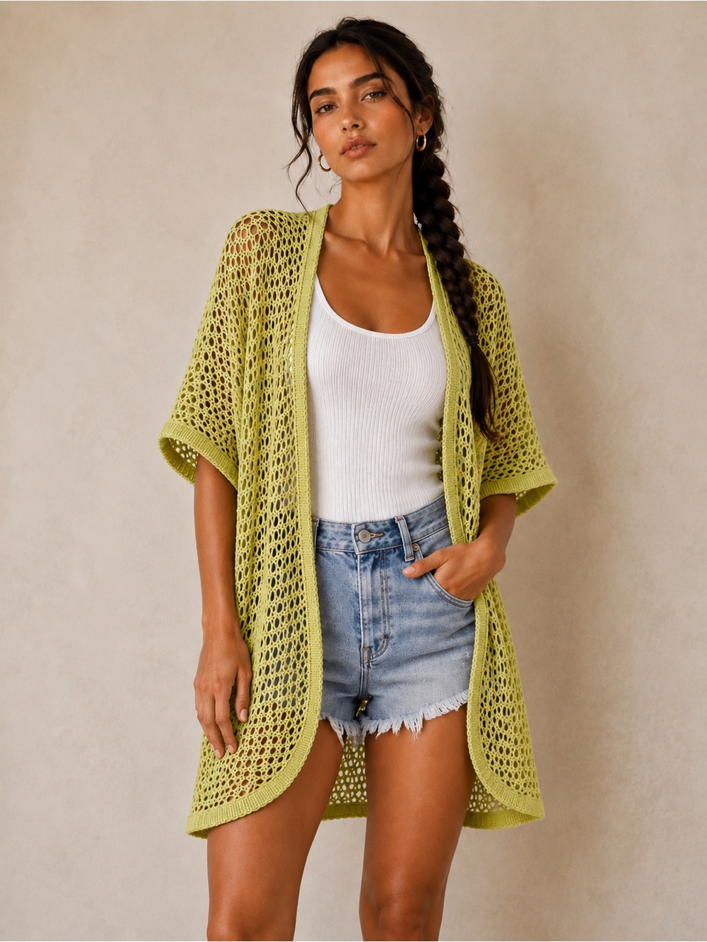 Chico’s Open Knit Mesh Cardigan Cover Up Lime Green Crochet Duster Size 2